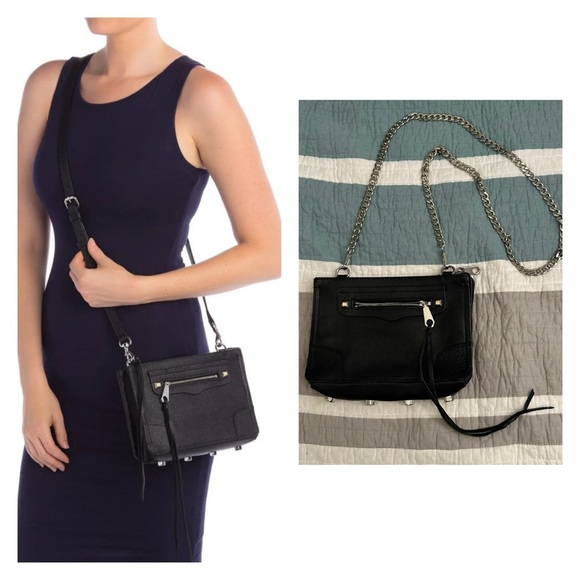 Rebecca Minkoff Regan Black Crossbody Purse Pebbled Leather Silver Chain - Picture 1 of 8